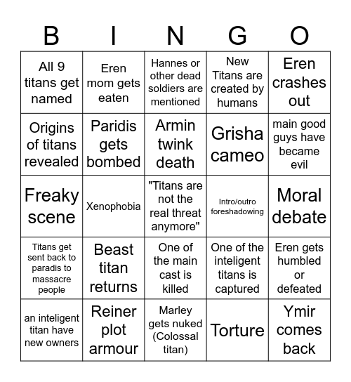 AoT final season episode 1-8 Bingo Card