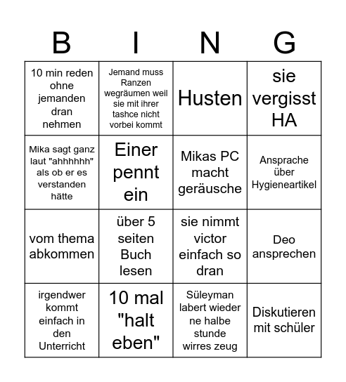 Unterricht Bingo Card