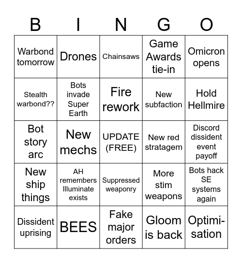 December 2nd Wishlist Bingo Card