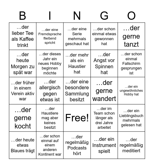 Finde jemanden, .... Bingo Card