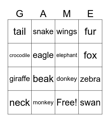 Animals Bingo Card