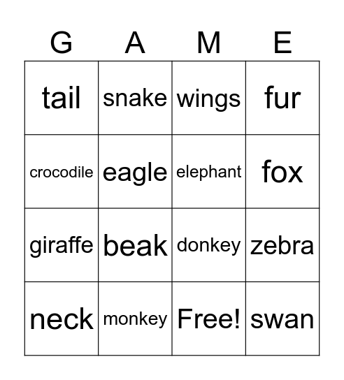 Animals Bingo Card