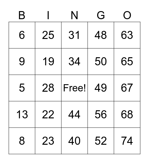Number Bingo 1-75 Bingo Card