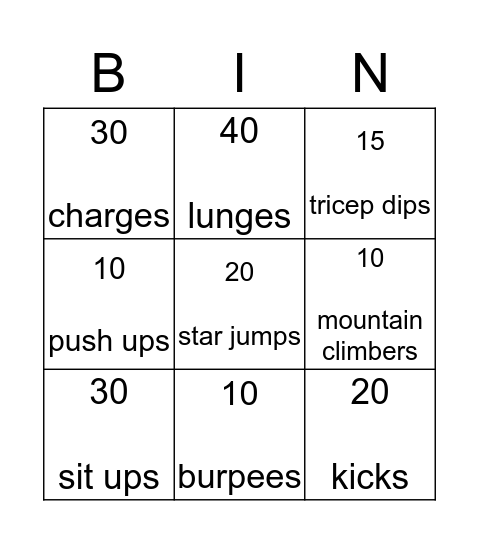 Fitness BINGO Card