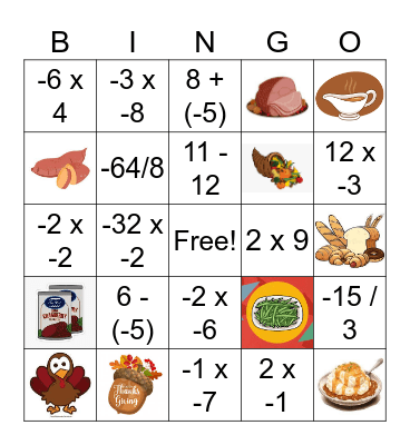 Thanksgiving Math Bingo Card