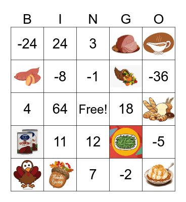 Thanksgiving Math Bingo Card
