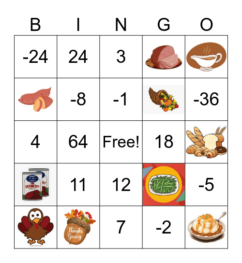 Thanksgiving Math Bingo Card