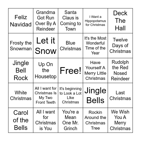 Holiday Song Bingo Card