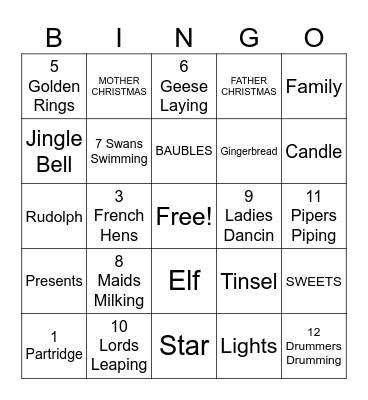 12 Days of Christmas Bingo Card