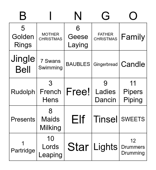 12 Days of Christmas Bingo Card
