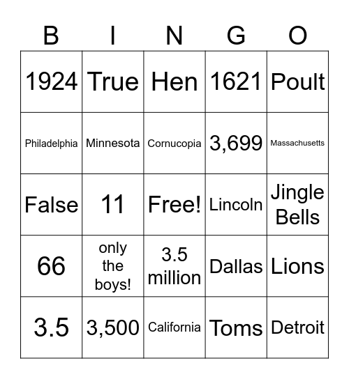 Thanksgiving Bingo Card