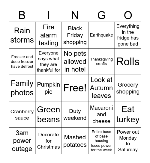 Thanksgiving Week 2025 Bingo Card