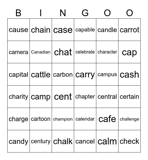 "C“ Bingo Card