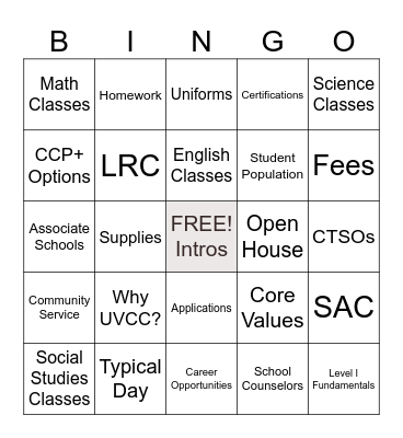 UVCC Medical Careers Academy BINGO Card