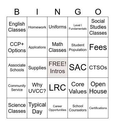 UVCC Medical Careers Academy BINGO Card