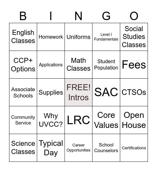UVCC Medical Careers Academy BINGO Card