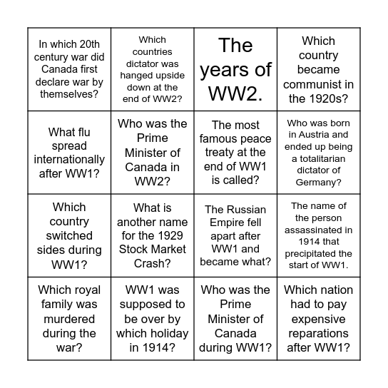 20th Century Bingo! Bingo Card