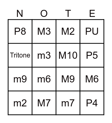 Musical Intervals Bingo Card
