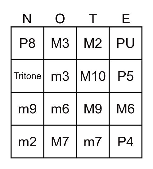 Musical Intervals Bingo Card