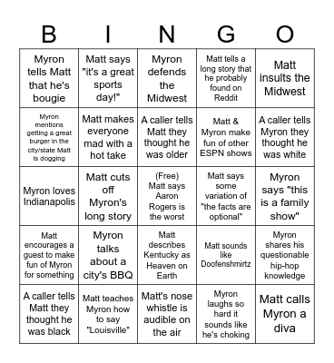 Sunday Mornings with Matt & Myron Bingo Card