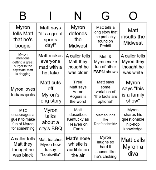 Sunday Mornings with Matt & Myron Bingo Card