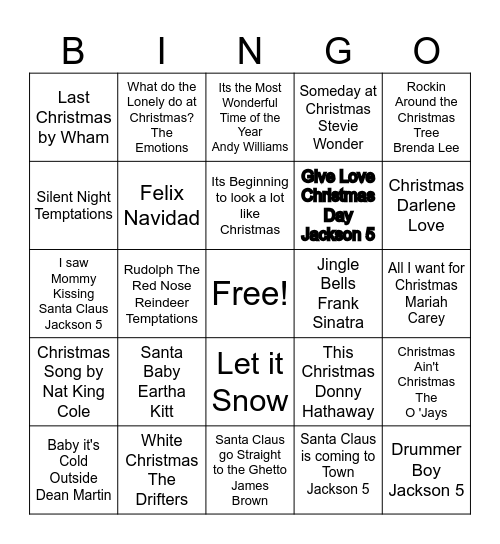 Christmas Songs Bingo Card