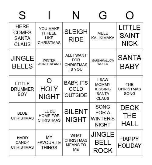 Christmas Singo Bingo Card