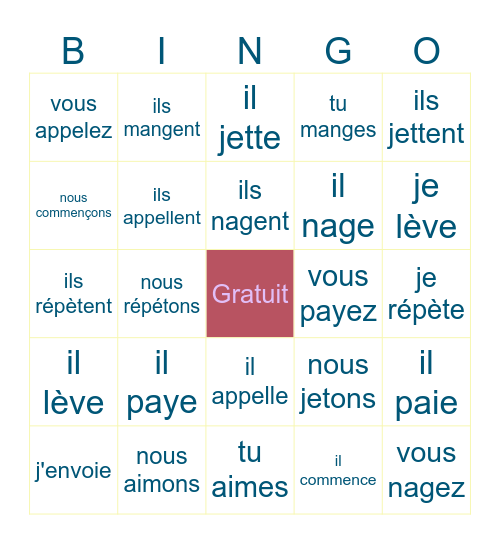 Verbes - présent de l'indicatif Bingo Card