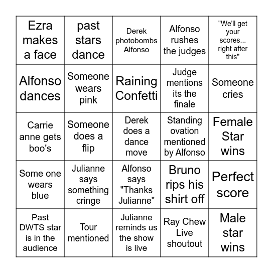 DWTS finale Bingo Card