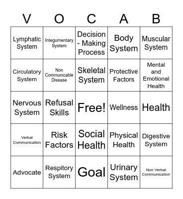 Health Vocabulary Bingo Card