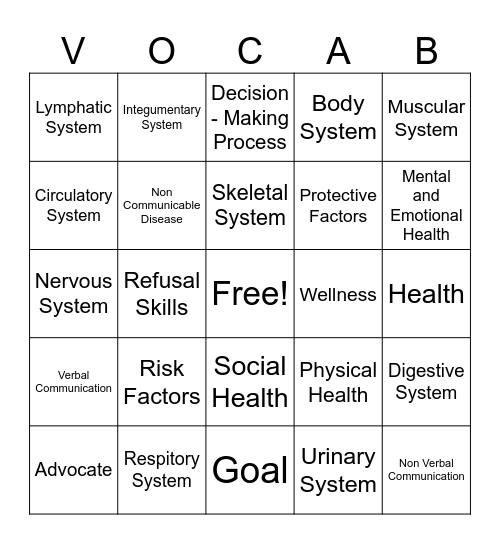 Health Vocabulary Bingo Card