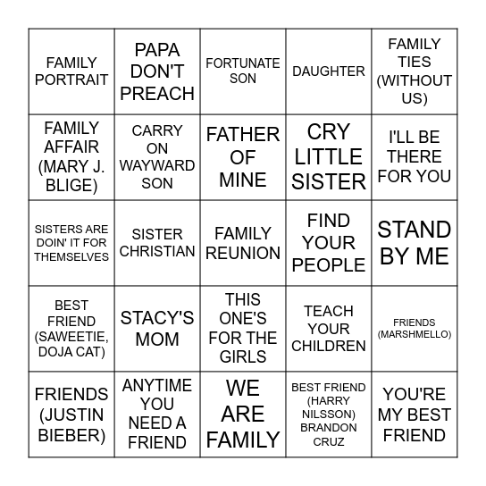 FRIENDS AND FAMILY Bingo Card