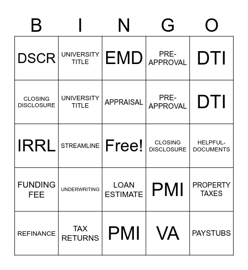 MORTGAGE LINGO BINGO Card