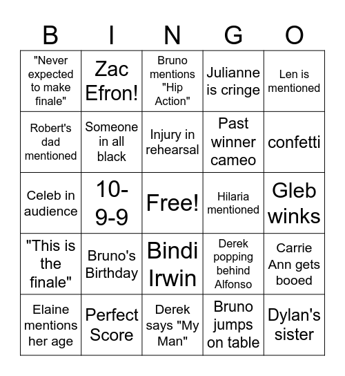 Dancing with the Stars Finale 2025 Bingo Card
