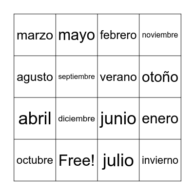 Los meses y estaciones Bingo Card