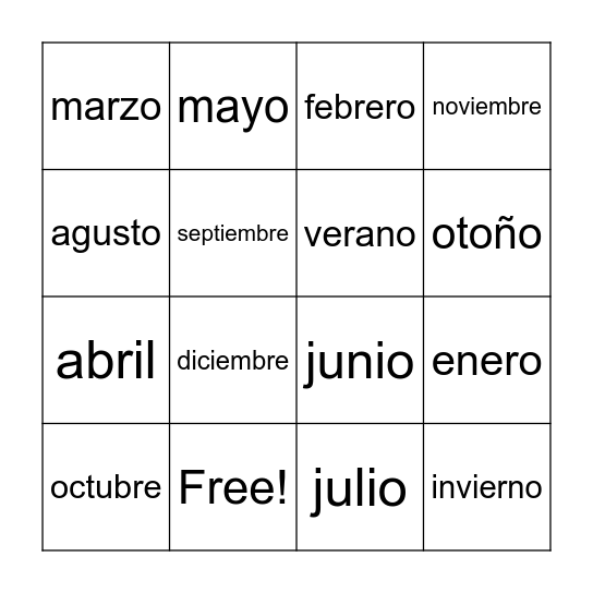 Los meses y estaciones Bingo Card