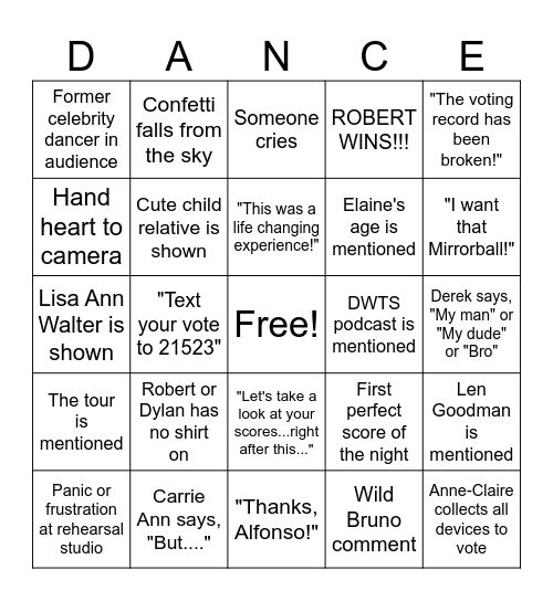 DANCING WITH THE STARS FINALE Bingo Card