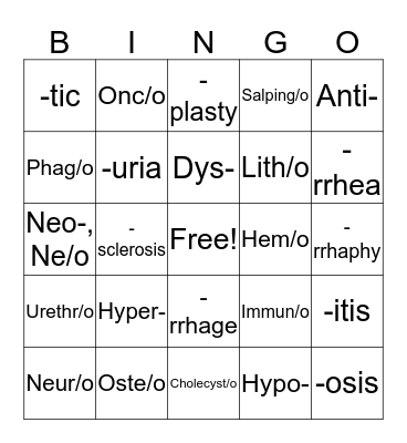 Medical Terminology Bingo Card