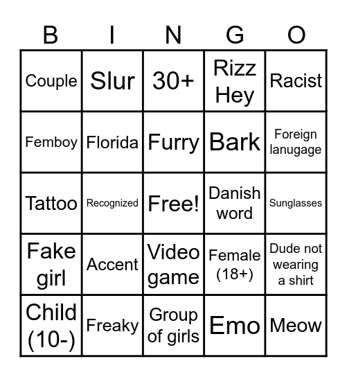 Omegle VR BINGO Card
