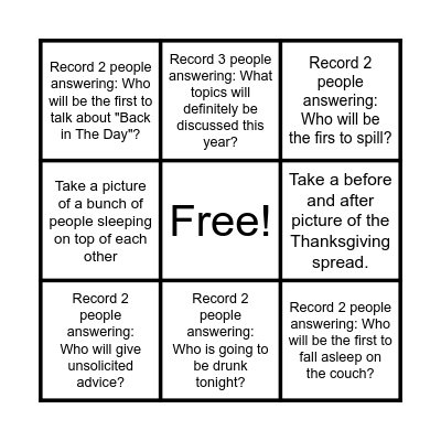 Thanksgiving BINGO Card