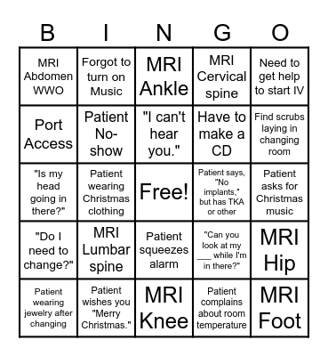 Christmas in MRI Bingo Card