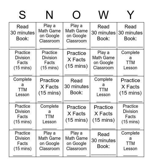 Optional Holiday Activity Bingo Card