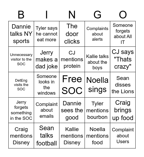 SOC Bingo Card