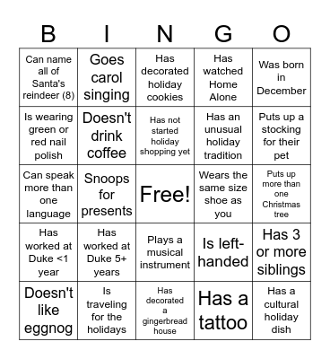 CRU Holiday Bingo Card