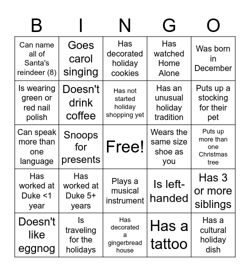 CRU Holiday Bingo Card