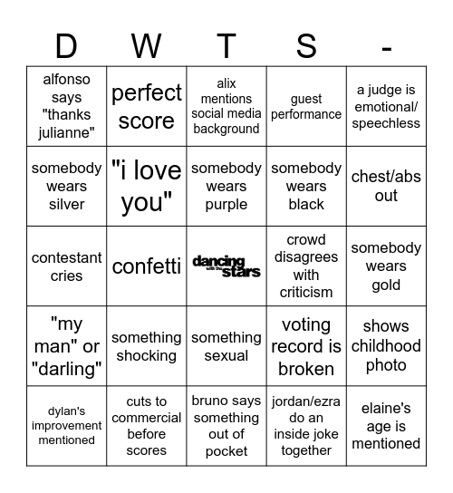 DWTS Finale Bingo Card