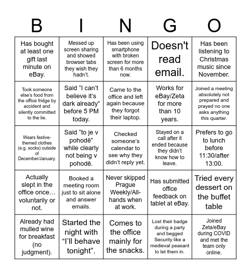 Winter Party Bingo Card