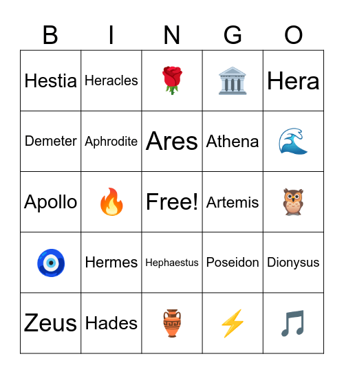 Greek Gods/Goddesses and their symbols Bingo Card