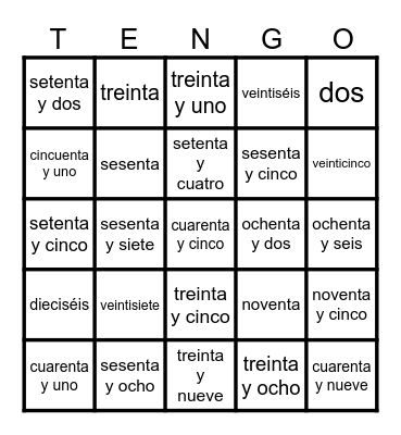 Spanish 1 U3: Números 0-100 Bingo Card
