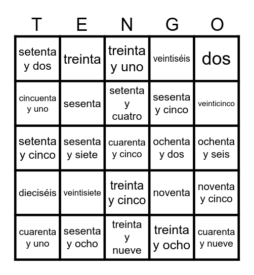 Spanish 1 U3: Números 0-100 Bingo Card